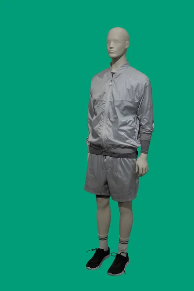 緑の背景に隔離されたジッパーとショートパンツにグレーのジャケットを身に着けている男性ディスプレイマネキンの完全な長さ画像 — ストック写真