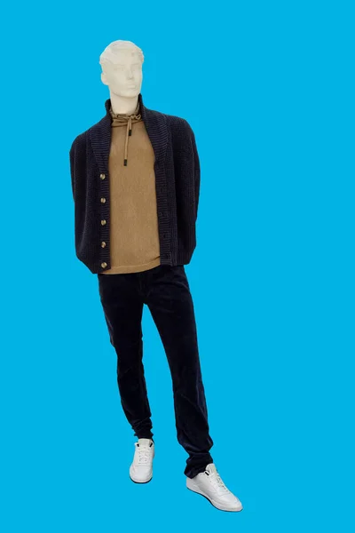 男装模特身穿针织夹克 与蓝色背景隔离的全长图像 — 图库照片