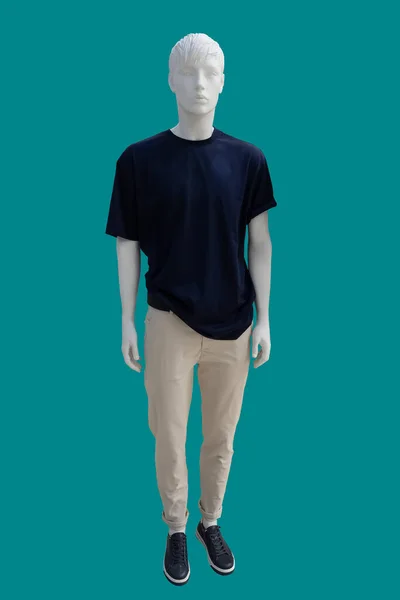 Imagen Completa Maniquí Masculino Con Camiseta Azul Oscuro Pantalones Marrones — Foto de Stock
