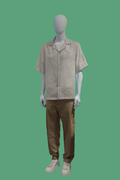Obraz Figuríny Krátkým Rukávem Hnědými Kalhotami Izolovanými Zeleném Pozadí — Stock fotografie