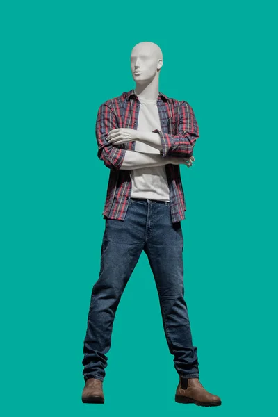 男子脱扣格子衬衫和蓝色牛仔裤的全长图像 与绿色背景隔离 — 图库照片