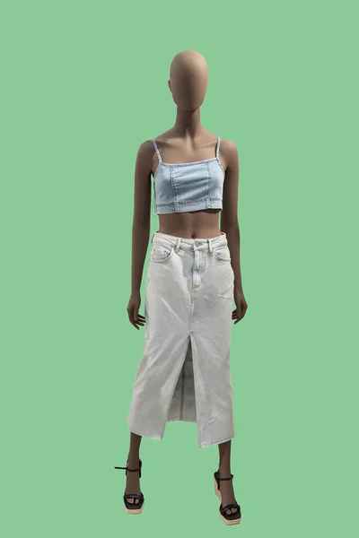 Повнометражне Зображення Жіночого Дисплея Манекен Модному Джинсовому Верхньому Одязі Спідниці — стокове фото