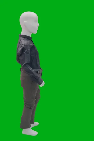 Siyah Uzun Kollu Gömlek Giyen Bir Çocuk Mankeni Yeşil Arka — Stok fotoğraf