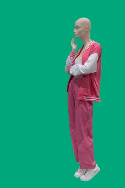 Повнометражне Зображення Жіночого Дисплея Манекен Модному Спортивному Одязі Ізольовано Зеленому — стокове фото