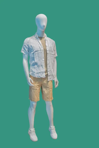 男装模特的全身像 身穿无扣子的白衬衫 袖子短 底色浅棕色短裤 衬托着绿色背景 — 图库照片