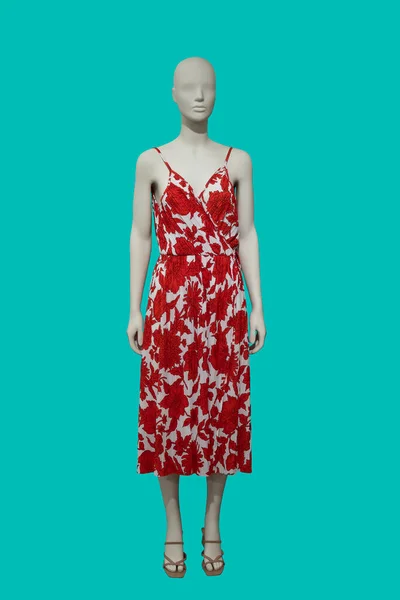 Полная Длина Изображения Женского Дисплея Манекен Красно Белом Модном Платье — стоковое фото