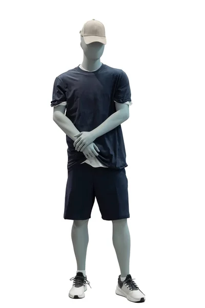 Imagen Completa Maniquí Masculino Con Camiseta Negra Pantalones Cortos Gorra —  Fotos de Stock