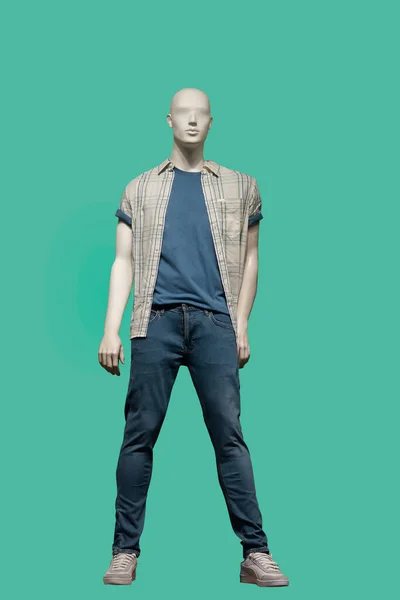 Full Length Image Male Display Mannequin Wearing Unbuttoned Checkered Short — Stock Photo, Image