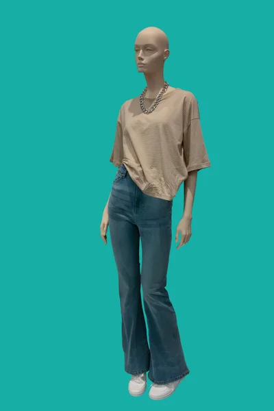 青いジーンズとベージュのストライプブラウスを着た女性のディスプレイマネキンの完全な長さの画像 — ストック写真
