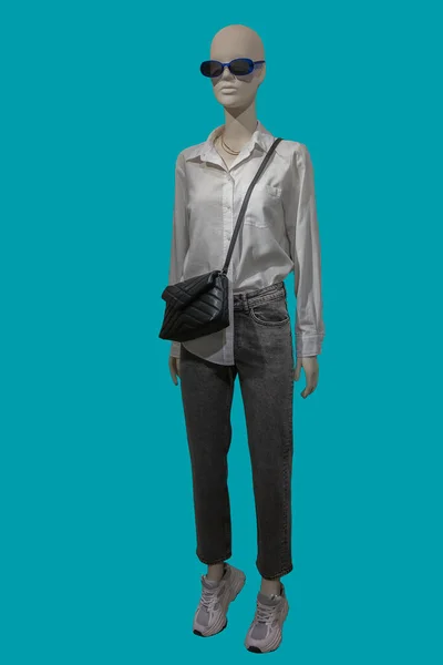 Image Pleine Longueur Mannequin Femme Portant Une Chemise Blanche Jean — Photo