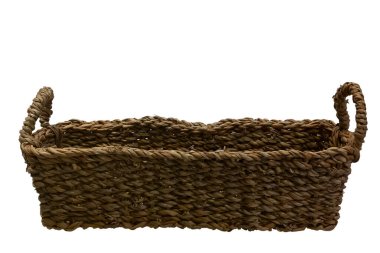 Beyaz arka plan üzerinde izole kahverengi hasır sepet, şeklinde, kutu yan görünüm,
