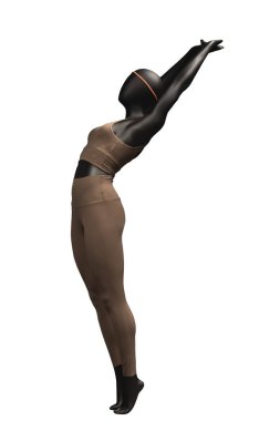 Beyaz arka planda izole edilmiş spor giysili bir kadın vitrin mankeni.