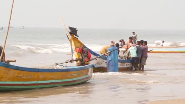 Menschen Die Versuchen Netze Entladen Wenn Fische Von Einem Fischerboot — Stockvideo