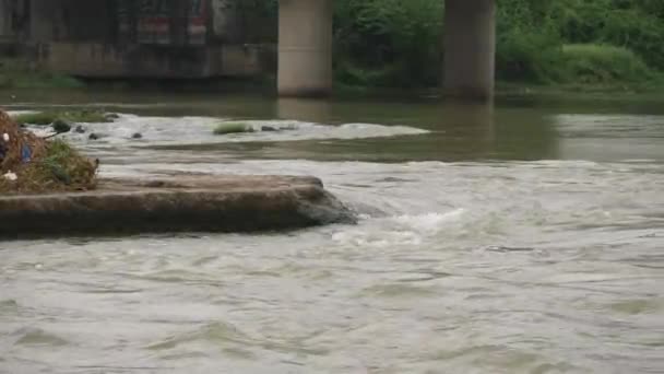 Ένα Τρεχούμενο Ποτάμι Κολώνες Στο Ποτάμι Απόσταση Μεγάλος Βράχος Στη — Αρχείο Βίντεο