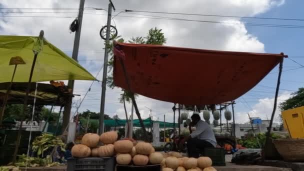 Pumpkin Vendor Market Temporary Shed Made Tarpaulin — Stock Video
