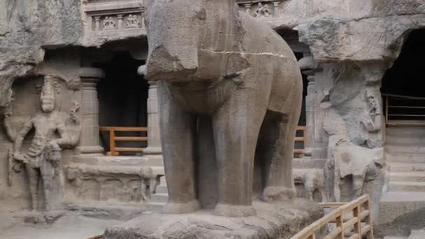 Вид Спереди Развалины Пещеры Эллора Индии Слон — стоковое видео