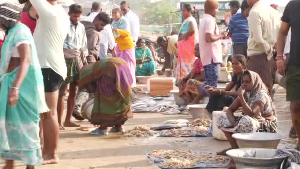 Indiase Burgers Die Vis Verkopen Kopen Een Vismarkt Chirala Fish — Stockvideo
