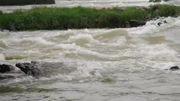 Rivierwater Stromende Zware Rotsen Met Grassen Die Een Andere Stromende — Stockvideo