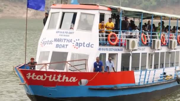 Front Right View Beautiful Moving Ferry Blue Flag Passengers Onboard — Stock Video