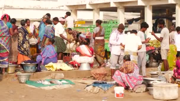 Чоловіки Жінки Обговорюють Купують Продають Рибному Базарі — стокове відео