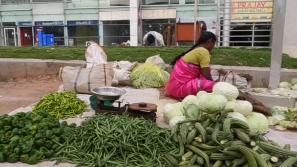 Visa Människor Köpa Grönsaker Från Lokala Grönsaksmarknaden — Stockvideo