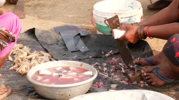Uma Mulher Usando Cutlass Para Raspar Peixes Cortá Shard Lados — Vídeo de Stock