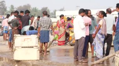 Birçok erkek ve kadın balık pazarında tartışıyor, alıyor ve satıyor.