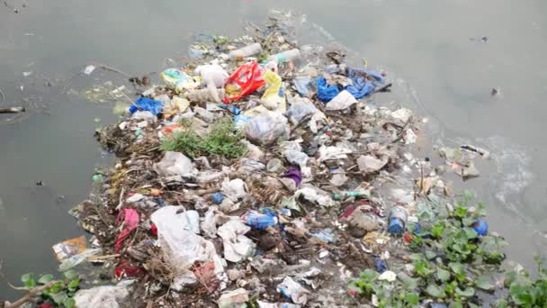 Fluss Der Mit Verschiedenem Müll Und Abfall Verschmutzt Ist — Stockvideo