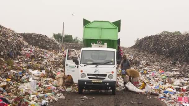 在垃圾填埋场 人们用棍子把卡车上的垃圾运走 — 图库视频影像