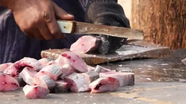 Человек Использующий Острый Нож Резать Рыбу Легко Прорезая — стоковое видео