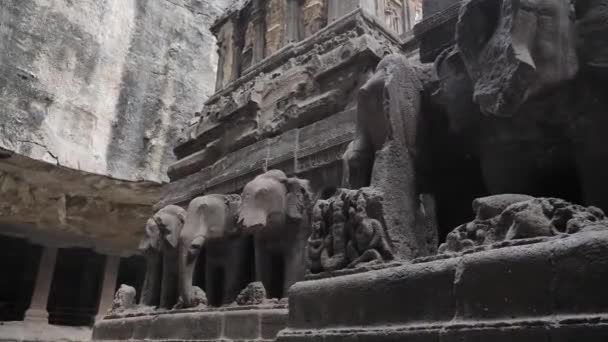 Shot Elephants Sculptures Line Ellora Caves — Stock Video