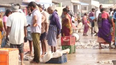 Erkekler kenarda balıkların etrafında toplandı, yerde sandıklar, balık satan kadınlar - Chirala Balık Pazarı, AP, Hindistan - Aralık 2022