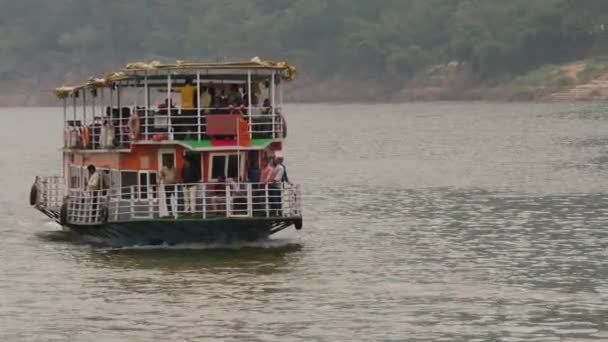 Rear View Moving Ferry Passengers Onboard Sea — Stock Video