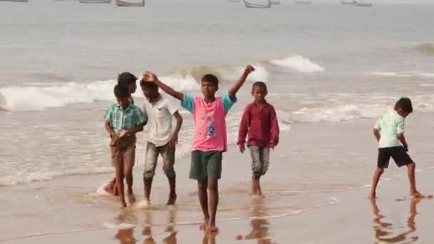 Τέσσερα Αγόρια Παίζουν Στην Ακτή Των Ψαριών — Αρχείο Βίντεο