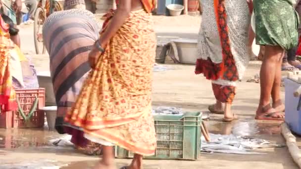 Vrouw Met Lange Vissen Krat Passerende Mensen Chirala Fish Market — Stockvideo
