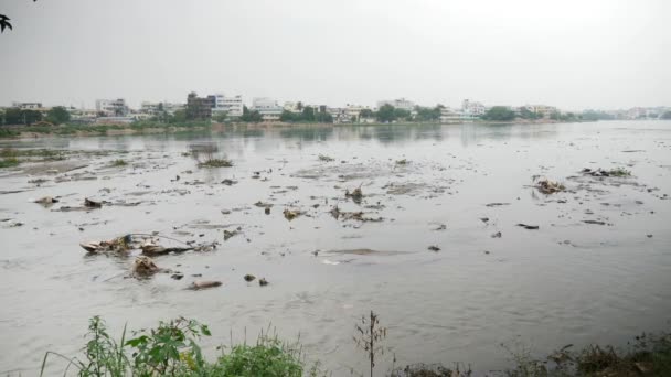 Residuos Basura Basura Flotaban Río Contaminado — Vídeo de stock