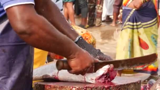 Продавец Рыбы Режет Свежую Большую Рыбу Тонкими Размерами Покупатель Ждет — стоковое видео