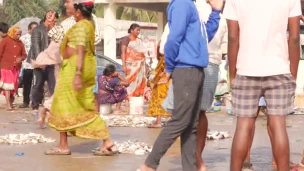 在鱼市场上行走的人 地板上的鱼 一些妇女打包 Chirala鱼市场 美联社 2022年12月 — 图库视频影像