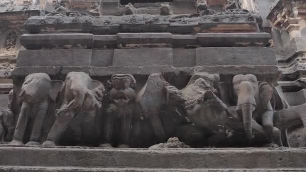 Close Shot Various Animal Statues Caves Ellora — Stock Video