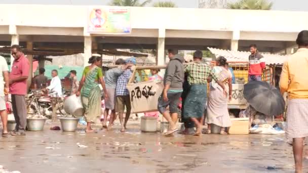 魚屋が魚と人をカートで分類 Chirala Fish Market India 2022年12月 — ストック動画