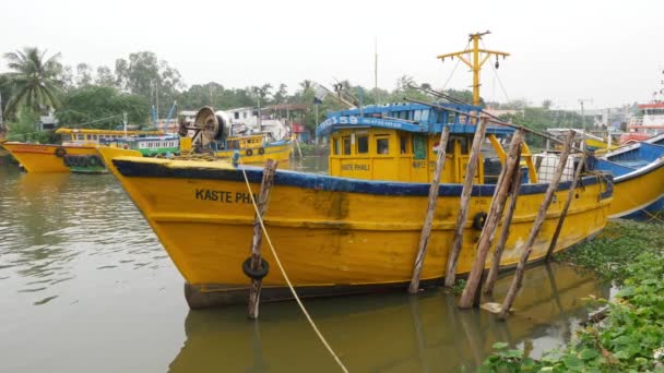 黄色渔船系泊在海滨的景象 — 图库视频影像