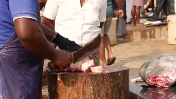 Ein Fischverkäufer Schneidet Einen Teil Eines Großen Fisches Aus Und — Stockvideo