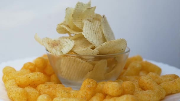 Aardappel Chips Rotatie Macro Slow Motion — Stockvideo
