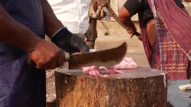 Homem Cortando Uma Carne Peixe Facilmente Cinco Partes — Vídeo de Stock