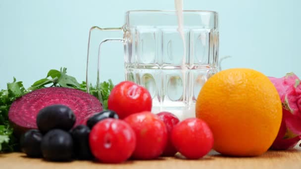 Glass Milk Fruits Vegetables Carrots Beets More Also Glass Water — Stock Video
