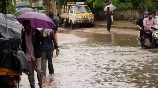 Hombre Camina Por Una Calle Inundada Con Paraguas Púrpura Mientras — Vídeos de Stock