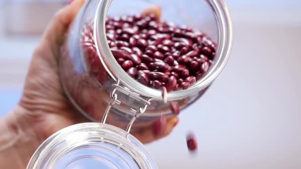 Hand Jar Red Beans Red Beans Jar Pouring Beans Glass — Stock Video