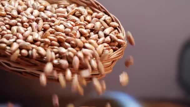 Корзина Семенами Пшеницы Несколько Зерновых Выпадают Наряду Корзиной Сухих Бобов — стоковое видео