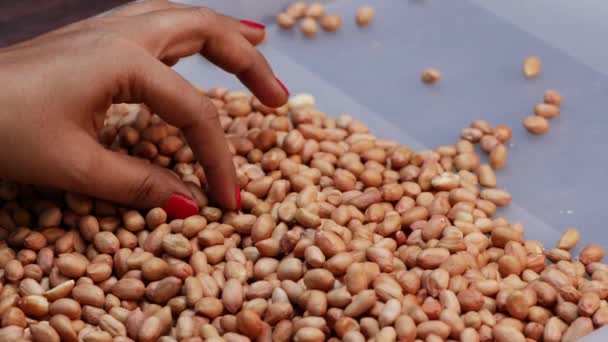 Uma Mulher Pegando Amendoins Uma Mesa Com Uma Pilha Amendoins — Vídeo de Stock