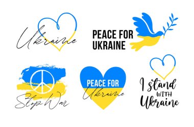 Ukrayna sembolleri, çıkartmalar, simgeler ve rozetlerle vektör ayarlandı. Ukrayna 'yı destekliyorum, savaşı durduruyorum, Ukrayna bayrağı, barış, Ukrayna için dua ediyorum. Renkli çizimler